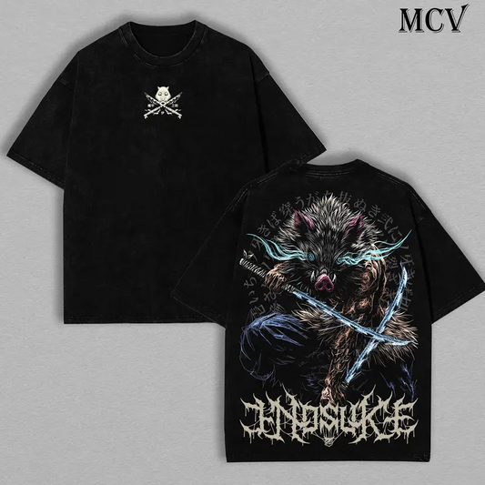 Demon Slayer Mens T-shirt, Inosuke Hashibira Shirt Tanjiro Kamado Tee Printed Kaos Short Sleeve Shirt Casual, Vintage Washed Tee Unisex Oversize Anime Manga Washed Heavyweight Cotton T-shirt