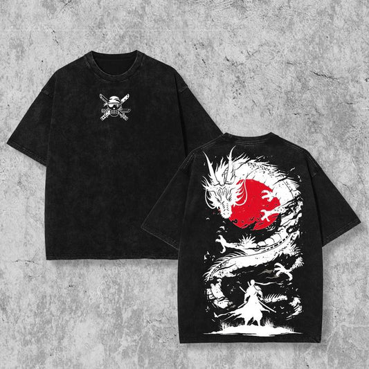 Retro Vintage Limited Black Swordsman Zoro - One Piece Anime Double Printed Oversized Washed Tee Unisex Oversize Anime Manga Acid Washed Lightweight Cotton T-Shirt, Hoodies Wash Gift For Anime Fan, Anime Lover