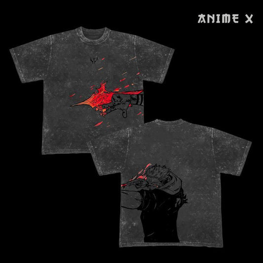 Retro Heavy Limited "Divine flame" Sukuna - Jujutsu Kaisen Anime Double Printed Vintage Oversized Washed Tee Unisex Oversize Anime Manga Washed Heavyweight Cotton T-shirt, Gift For Anime Fan, Anime Lover