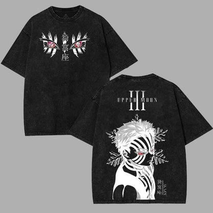 Akaza Upper moon rank 3 v6 Demon Slayer Kimetsu No Yaiba anime manga Washed t-shirt 2 sided printing Menswear graphic tee classic vintage