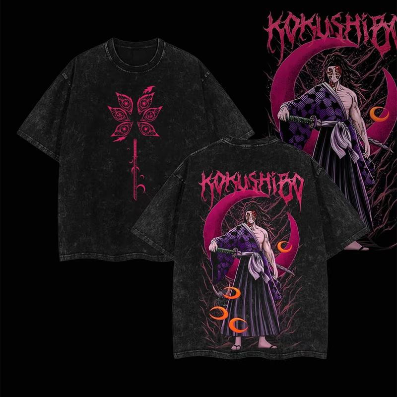 Kokushibo Upper moon rank 1 Demon Slayer Kimetsu No Yaiba Anime Double Printed Acid Washed T-Shirt Cotton graphic tee