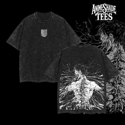 Retro Heavy Eren Yeager Tee – Attack On Titan Double Printed Vintage Washed T-Shirt & Hoodie, Unisex Oversize Cotton, Gift for Anime Fans