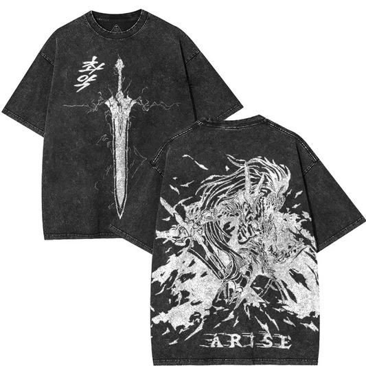 Solo Leveling Sung Jin Woo Commander Igris Blooded Blade v3 Unisex Oversize Anime Manga Washed Cotton T-shirt