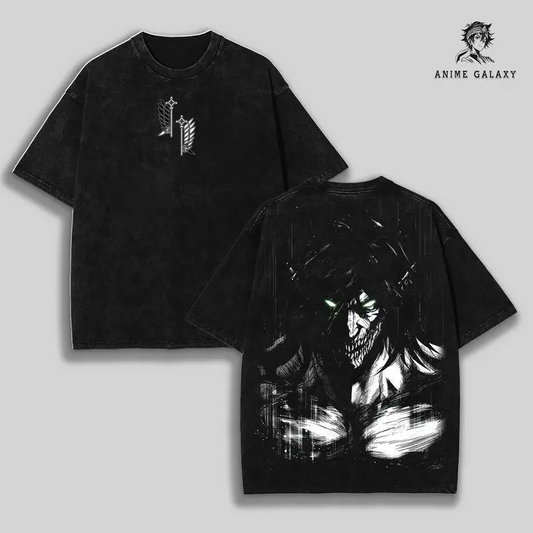 Retro Heavy Eren Yeager x Attack On Titan Ver 2 Anime Double Printed Men's Vintage Tee Washed Unisex Oversize Anime Manga Washed Heavyweight Cotton T-shirt, Anime Gift For Him