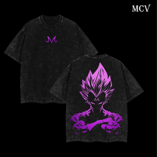 Retro Vintage Limited VEGETA Lavender Anime Double Printed Washed Tee Unisex Oversize Anime Manga Acid Washed Lightweight Cotton T-Shirt Gift For Anime Fan Lover