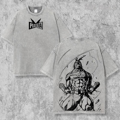 Retro Vintage Limited All might Plus Ultra - My Hero Academia Anime Double Printed Oversized Washed Tee Unisex Oversize Anime Manga Acid Washed Lightweight Cotton T-Shirt, Anime Lover