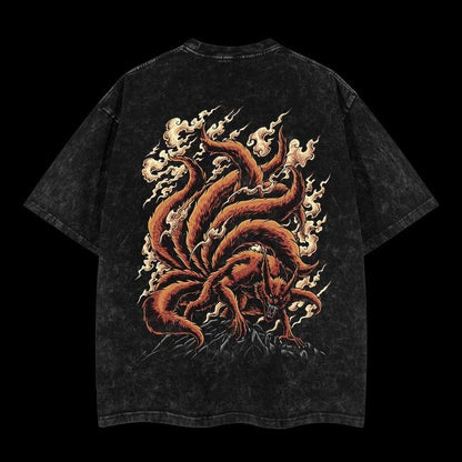 Naruto "Kurama-The Nine Tails" Vintage Unisex Oversize Anime Washed Heavyweight Cotton T-shirt, graphic tee,anime merch fan, outfits men,boys merch