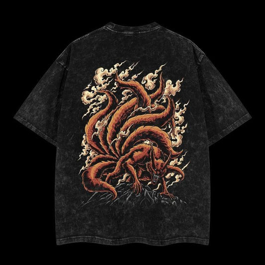 Naruto "Kurama-The Nine Tails" Vintage Unisex Oversize Anime Washed Heavyweight Cotton T-shirt, graphic tee,anime merch fan, outfits men,boys merch