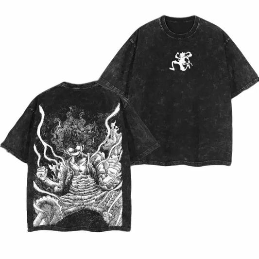 Lufi JoiBoy" One Piece RetroVintage Unisex Anime Manga Acid Washed Lightweight Cotton Tshirt, Gift For Anime Fan tees vintage shirts T-shirt Men's Graphic Round Neck Fabric Menswear Top Oversized Black Casual