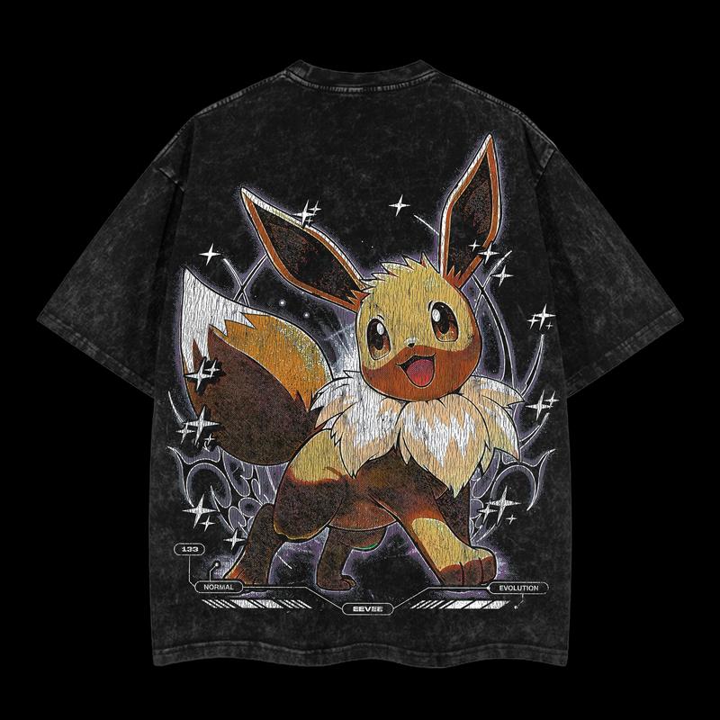 Pokemon "Eevee" Vintage Unisex Oversize Anime Manga Acid Washed Heavyweight Cotton T-shirt, graphic tee,anime lover , outfits men