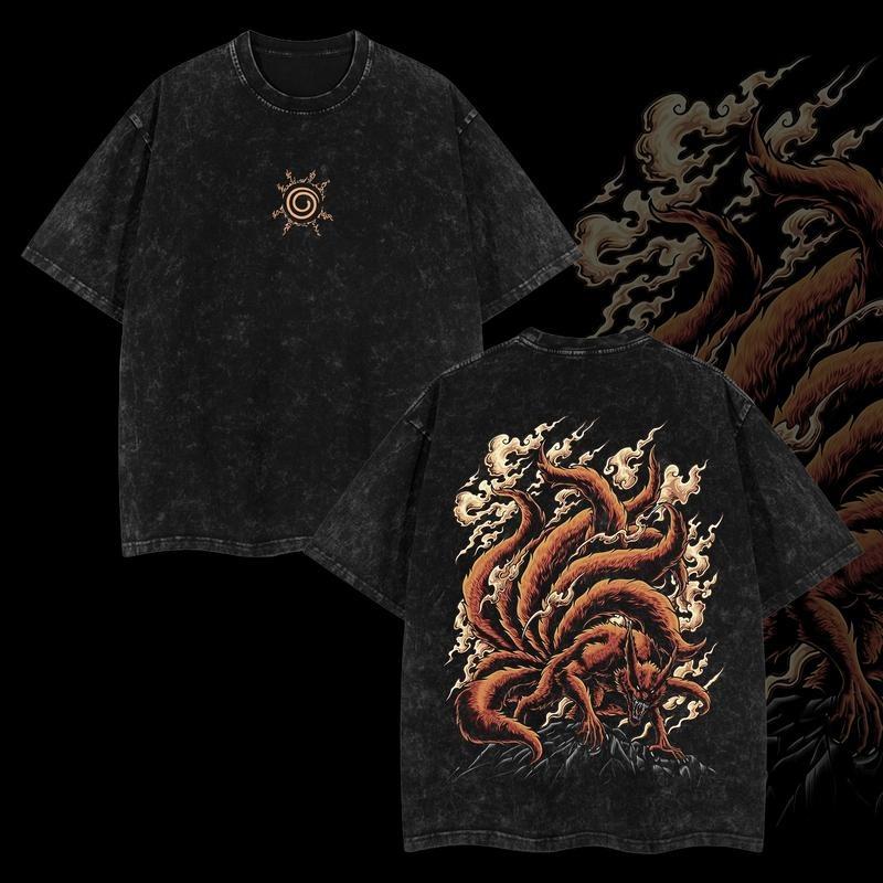 Naruto "Kurama-The Nine Tails" Vintage Unisex Oversize Anime Washed Heavyweight Cotton T-shirt, graphic tee,anime merch fan, outfits men,boys merch