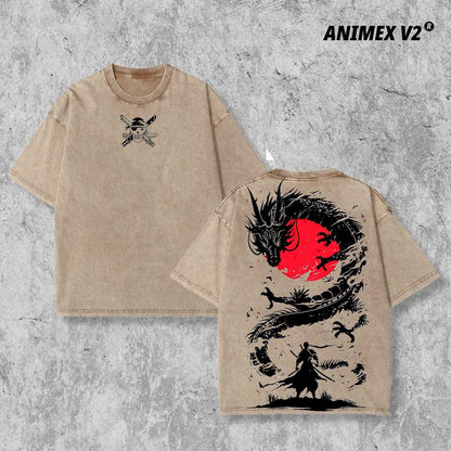 Retro Vintage Limited Black Swordsman Zoro - One Piece Anime Double Printed Oversized Washed Tee Unisex Oversize Anime Manga Acid Washed Lightweight Cotton T-Shirt, Hoodies Wash Gift For Anime Fan, Anime Lover
