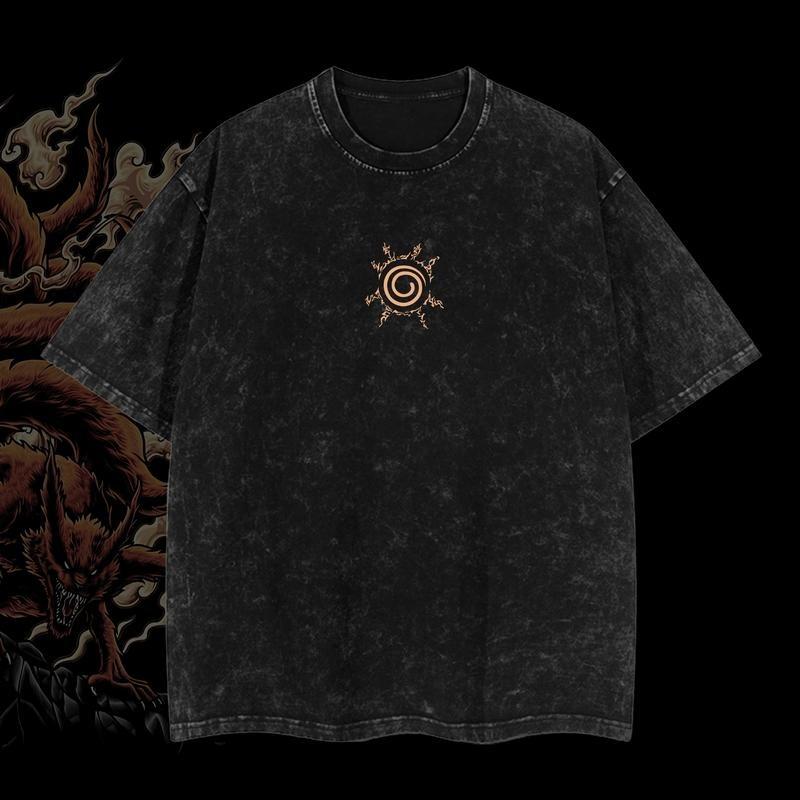 Naruto "Kurama-The Nine Tails" Vintage Unisex Oversize Anime Washed Heavyweight Cotton T-shirt, graphic tee,anime merch fan, outfits men,boys merch