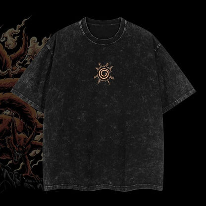 Naruto "Kurama-The Nine Tails" Vintage Unisex Oversize Anime Washed Heavyweight Cotton T-shirt, graphic tee,anime merch fan, outfits men,boys merch